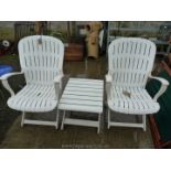 Two Allibert patio chairs and folding table