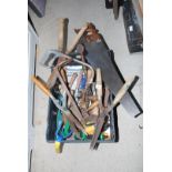 Crate of garden shears, saws, clippers etc.