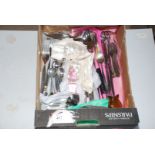 A box of various cutlery, decanter stoppers, etc.