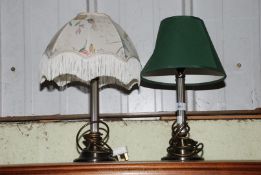 A pair of reeded column table lamps with different shades.