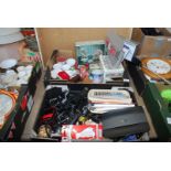 Two boxes of stationery, phones, mugs, tins etc.