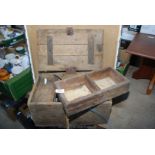 A small wooden tool box, 16" long x 10" wide x 8" high.