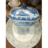 A blue and white Oriental lidded Tureen, (one handle missing and hairline cracks),