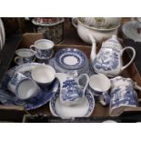 A quantity of blue and white china including a Spode mug, Old Willow Royal Staffordshire teapot,