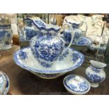 A blue and white Irving wash jug, bowl, soap dish and toothbrush pot.