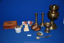 A quantity of Miscellanea to include a brass lamp (no funnel) and a pair of small brass