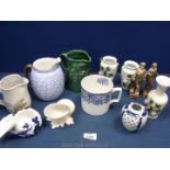 A white glass shell vase, a Royal Worcester blue & white jug (6" tall with chip and hairline crack),