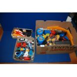 A good quantity of Scalextric transformers, throttles, cars and accessories, (play worn condition).