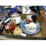 Three Royal Doulton plates, two Toby jugs, Wedgwood biscuit barrel, shaving mug, etc.