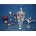 A white metal three set Epergne with central cranberry glass missing, along with a glass dish,