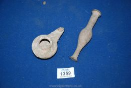 An ancient Egyptian terracotta phial and a pre-Roman pottery oil lamp (the lamp 2nd-1st century BC).