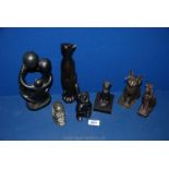 Miscellaneous ornaments including cats, pharaoh cats, stone head tribal art,