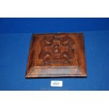 A carved Oak Plaque, engraved DW 1977 to rear with inset 1848 penny red stamp,