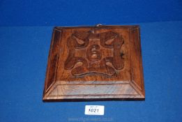 A carved Oak Plaque, engraved DW 1977 to rear with inset 1848 penny red stamp,