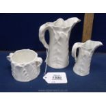 Two Royal Worcester Jugs in fern leaf pattern, 5" and 3 1/2" tall and similar sugar bowl, 2".