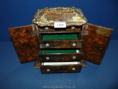 An uncommon papier mache jewellery/trinket Cabinet having simulated burr-wood finish,