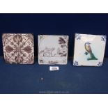 An English Delft manganese Tile painted with a fox and goose,