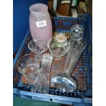 A tall ping swirl vase, dumpy cut glass vase, jamd dish with spoon and small paperweights etc.