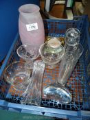 A tall ping swirl vase, dumpy cut glass vase, jamd dish with spoon and small paperweights etc.