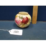 A Royal Worcester blush globe Pot having rose decoration. date code for 1919, G161, 3" tall.