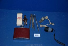Two rolled gold ballpoint Pens, a boxed Briquet lighter, hip flask, whistle, etc.
