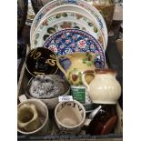 A quantity of Studio Pottery including mugs, bowl, miscellaneous wall plates, owl, bell,