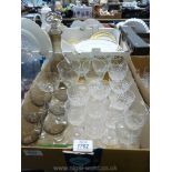 A quantity of mixed glasses, grey decanter with six goblets, four etched wine glasses, sherry,