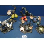 Six Bowbrook Studio bird figures including Wren, Thrush, Blackbird, Blue Tit etc.