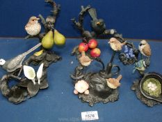 Six Bowbrook Studio bird figures including Wren, Thrush, Blackbird, Blue Tit etc.