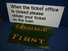 Two wooden coach boards - 'First' and 'Luggage' in Southern Railway green,