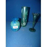 A blue Mdina vase 4 1/4" high, a fluted edged specimen vase, plus one.