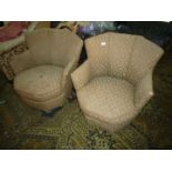 A pair of stylish octagonal based low Armchairs having three panelled upholstered backs and