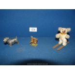 A German made original fur white toy Bear on skis, 3'' tall,