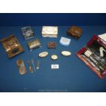 A quantity of trinket boxes, lady's vanity set, sewing wallets, etc.