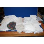 Two trays of assorted Portuguese table runners, some being monogrammed,