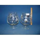 Two large balloon glass vases with floral etched decoration, 9 1/2'' tall.