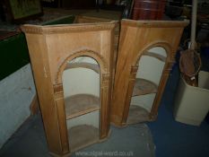 A pair of antique Pine architectural niches having carved friezes and arch detail and well formed