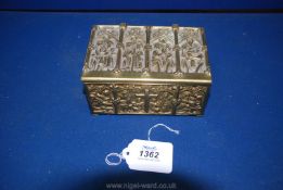A 19th century cast brass casket in Gothic medieval style. 14 cm long by 9 1/2 cm wide by 7 cm high.