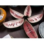 Five vintage handcrafted and painted watermelon dishes (chip on one & slight paint chip on another).
