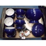 A soup set, tureen and ten bowls in blue, flan dish and two Royal Worcester egg coddlers.