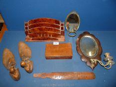 A quantity of miscellanea including two small wall mirrors, stationary box, shoe stretchers, etc.