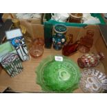 A quantity of coloured glass including a part dressing table set with ring stand, candlestick,