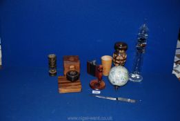Two wooden games, a miniature miner's lamp, treen dice shaker, letter opener, Galileo thermometer,