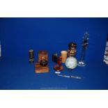 Two wooden games, a miniature miner's lamp, treen dice shaker, letter opener, Galileo thermometer,