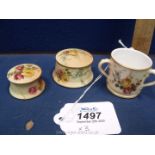 Three small pieces of blush coloured Royal Worcester including; a small lidded trinket pot,