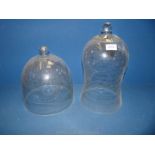 A glass bell shaped Dome with handle, 14" high overall and another circular glass Dome,