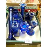 Bristol Blue Glass candlesticks and vases, small bottles etc.