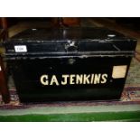 A metal Deeds Box, black with G.A. Jenkins to front. 18" x 13" x 11".