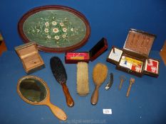 A quantity of Treen including dressing table brushes, mirrors, tray, box with playing cards etc.