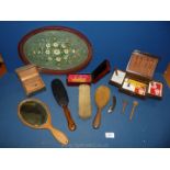 A quantity of Treen including dressing table brushes, mirrors, tray, box with playing cards etc.